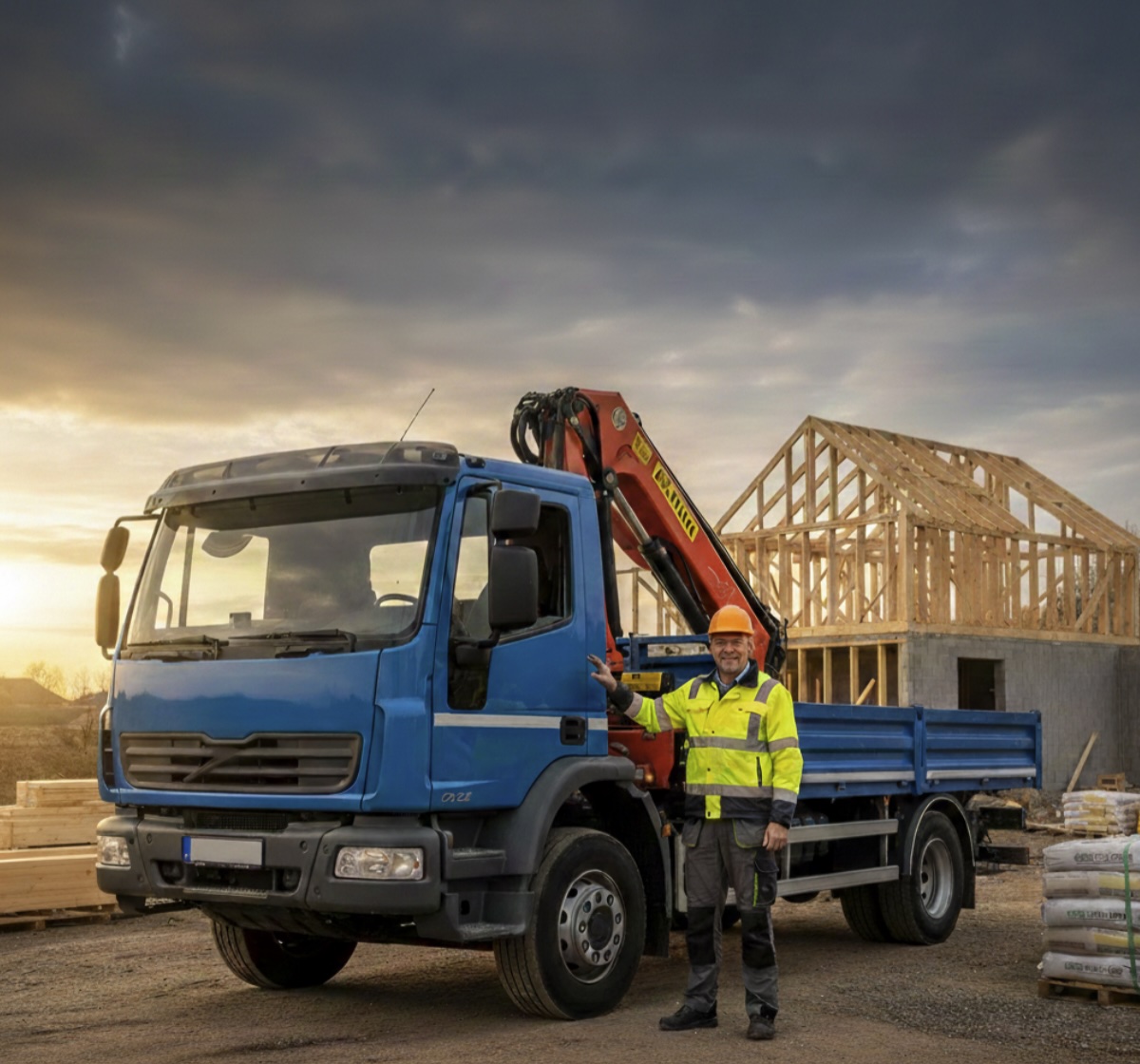 Vodič nákladného auta s hydraulickou rukou